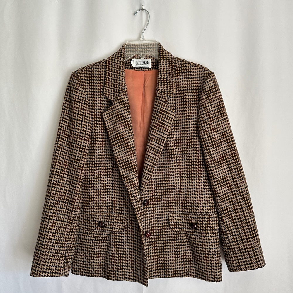 Vintage 80s Russ Women's Light Brown Blazer Jacket in Houndstooth Print sz S/M